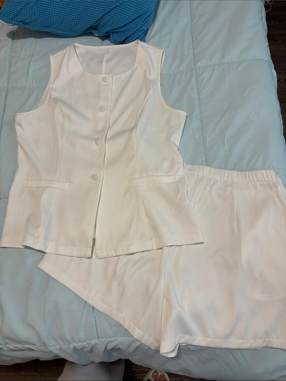 White Women's Two-Piece Sleep Set - Button Front Top & Elastic Waist Shorts